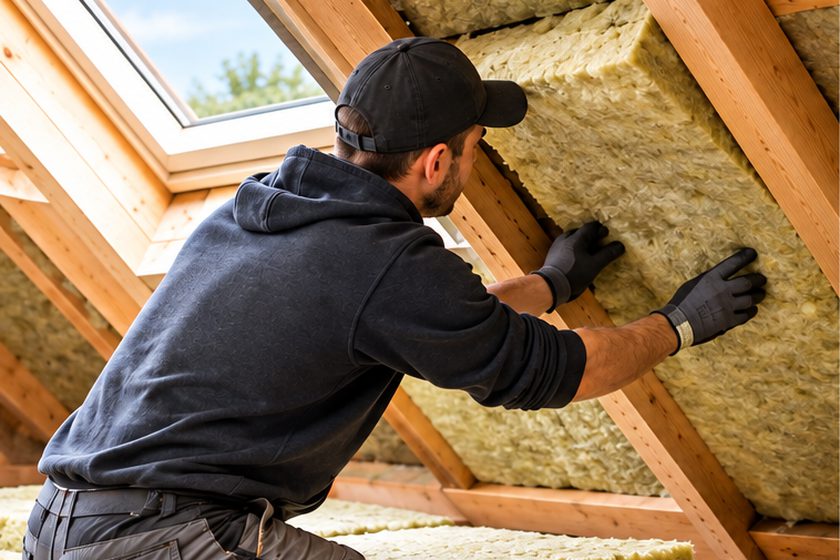 Handwerker klemmt Mineralwolle-Dämmung zwischen die Dachsparren im Dachgeschoss