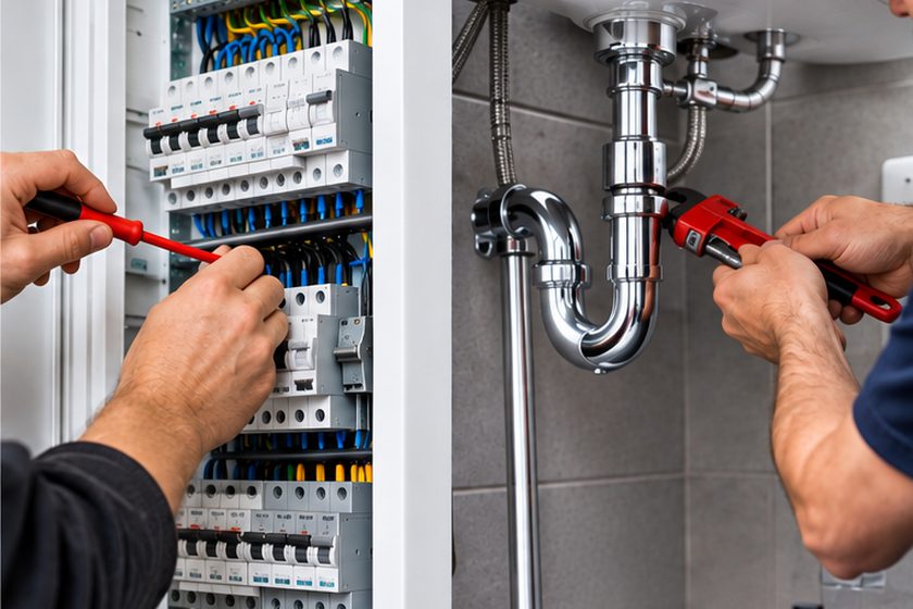 Elektriker arbeitet an einem Sicherungskasten, daneben Montage eines Siphons unter dem Waschbecken