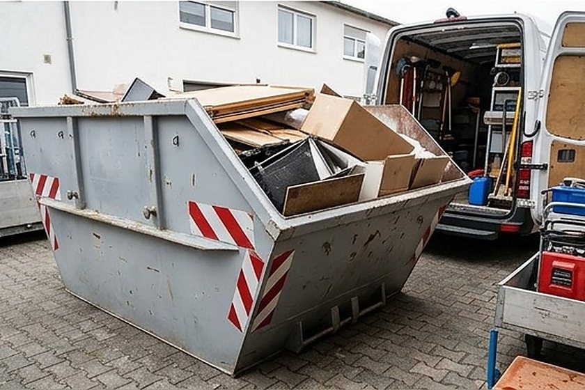 Absetzcontainer mit Sperrmüll vor einem Gebäude, daneben ein beladener Transporter